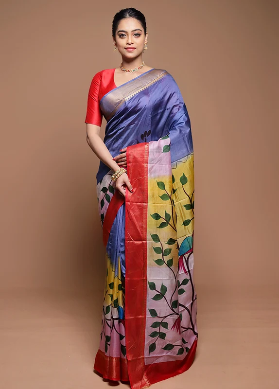 Blue Printed Silk Saree Without Blouse Piece Onesize