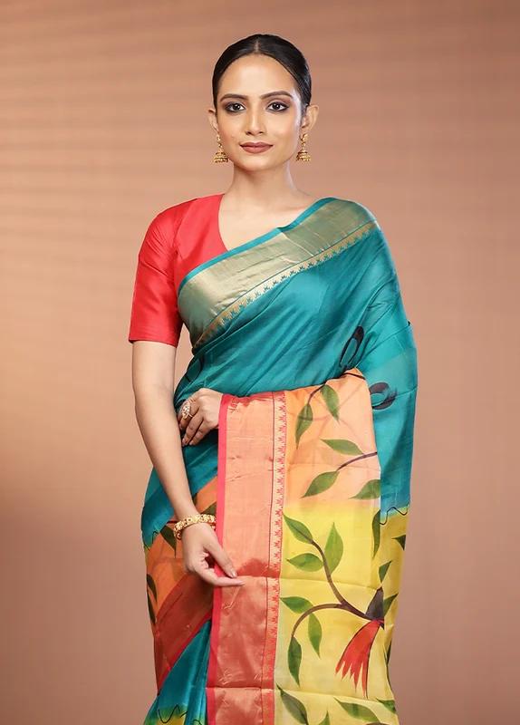 Green Printed Pure Silk Saree Without Blouse Piece One Size