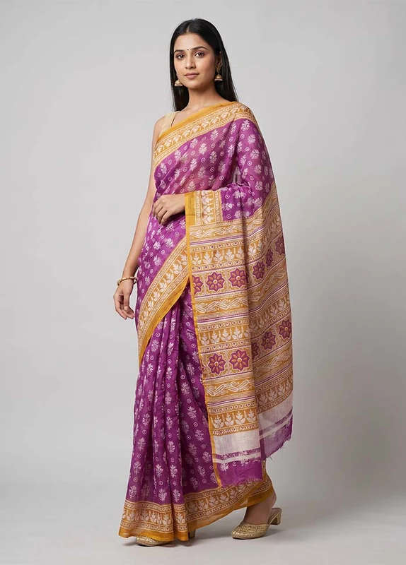Purple Printed Silk Saree Without Blouse Piece One Size