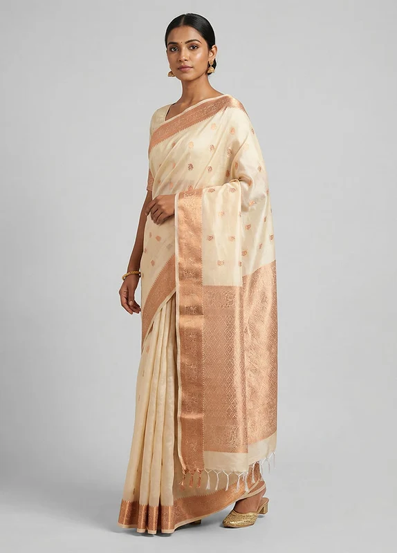 Cream Kanjivaram Silk Saree With Blouse Piece One Size