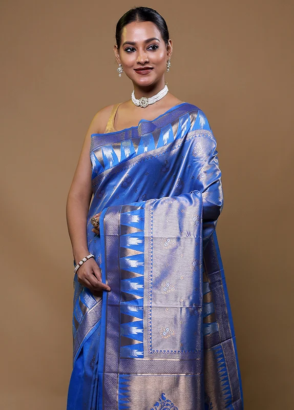 Blue Tissue Silk Saree With Blouse Piece Onesize
