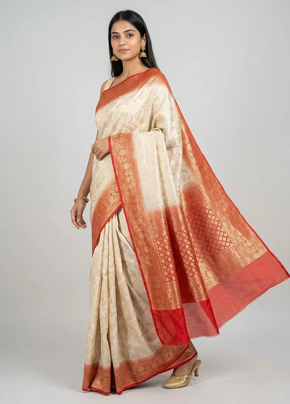 Cream Georgette Saree With Blouse Piece One Size
