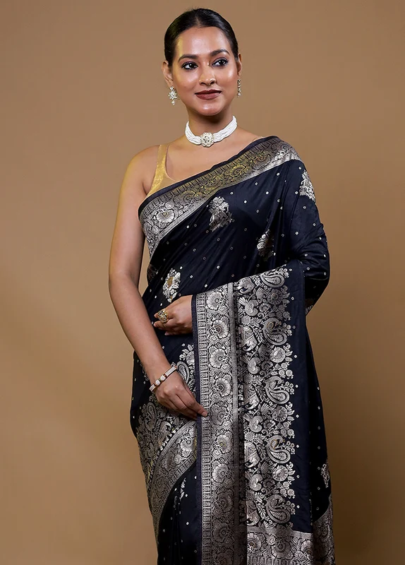 Black Dupion Silk Saree With Blouse Piece Onesize