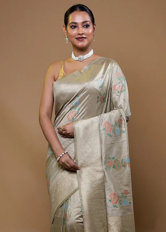 Grey Dupion Silk Saree With Blouse Piece Onesize