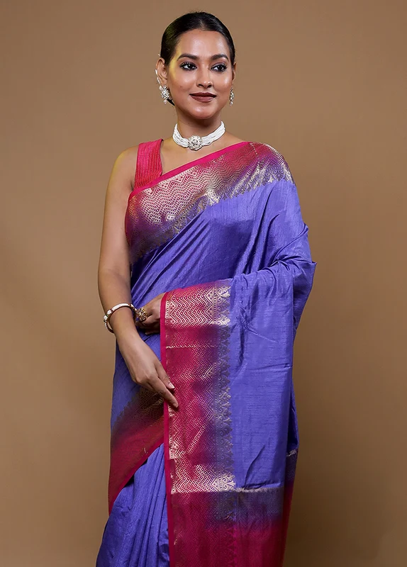 Purple Dupion Silk Saree With Blouse Piece Onesize