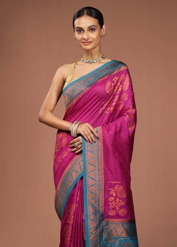 Purple Dupion Silk Saree With Blouse Piece One Size