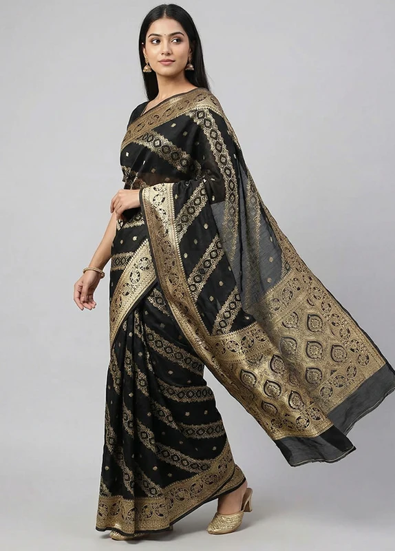 Black Organza Saree With Blouse Piece One Size