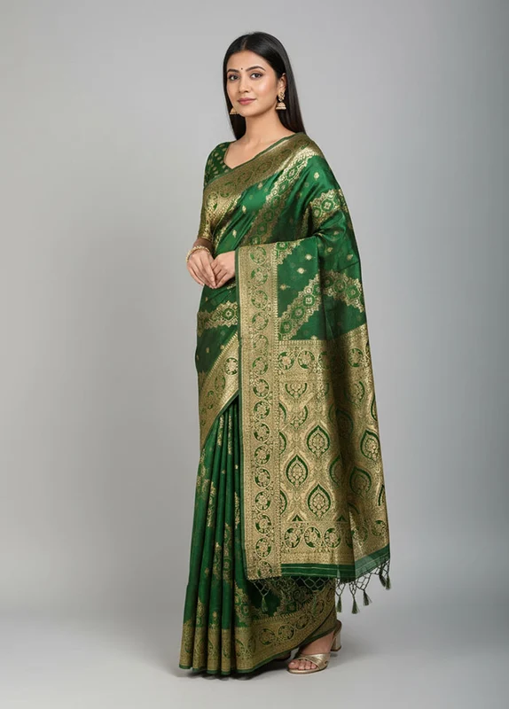 Green Organza Saree With Blouse Piece One Size