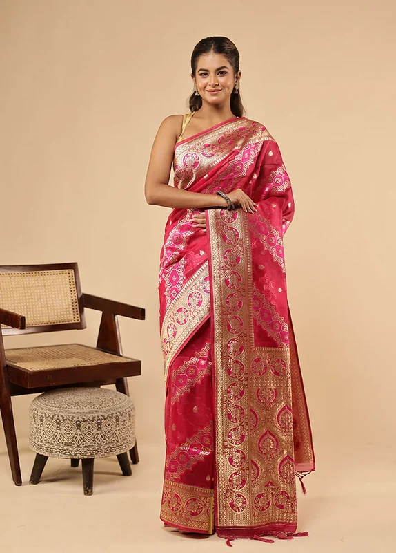 Pink Organza Saree With Blouse Piece One Size