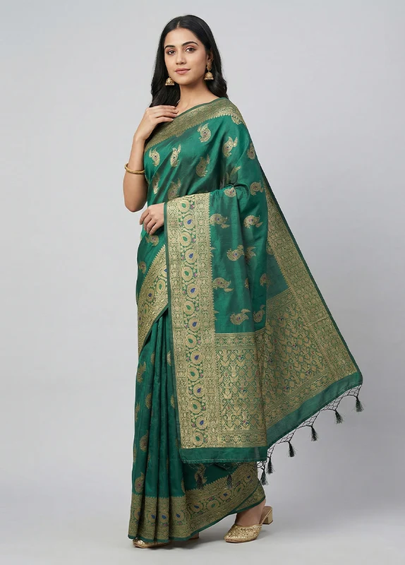 Green Dupion Silk Saree With Blouse Piece One Size