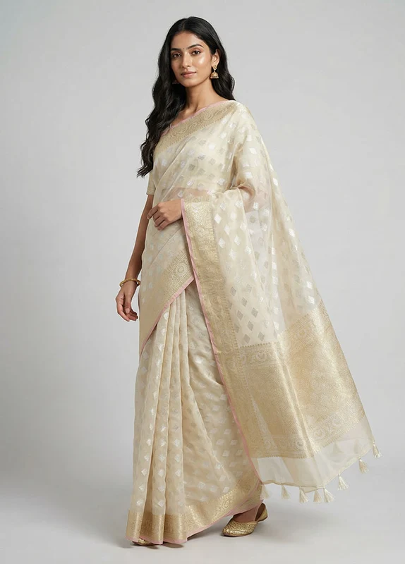 Cream Organza Saree With Blouse Piece One Size