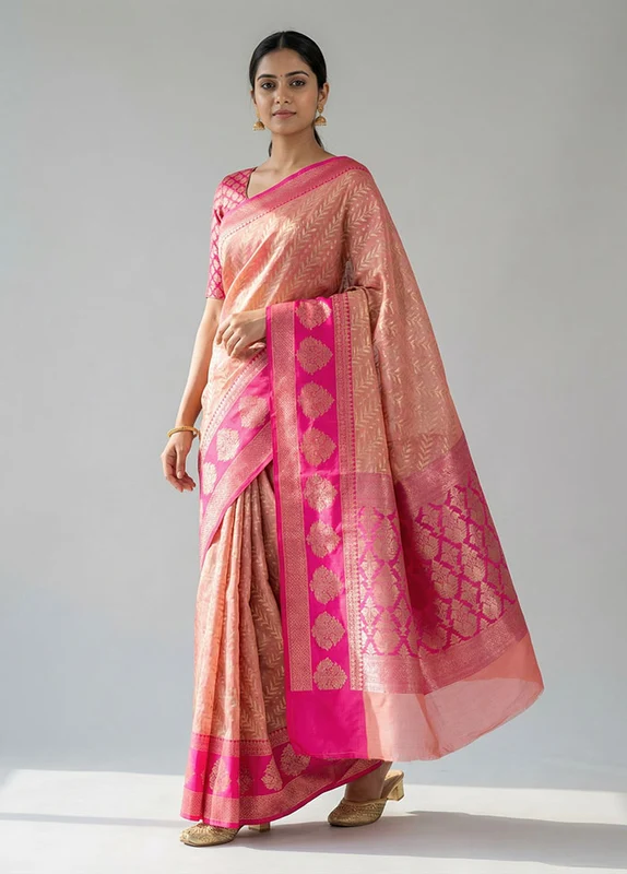 Pink Organza Saree With Blouse Piece One Size