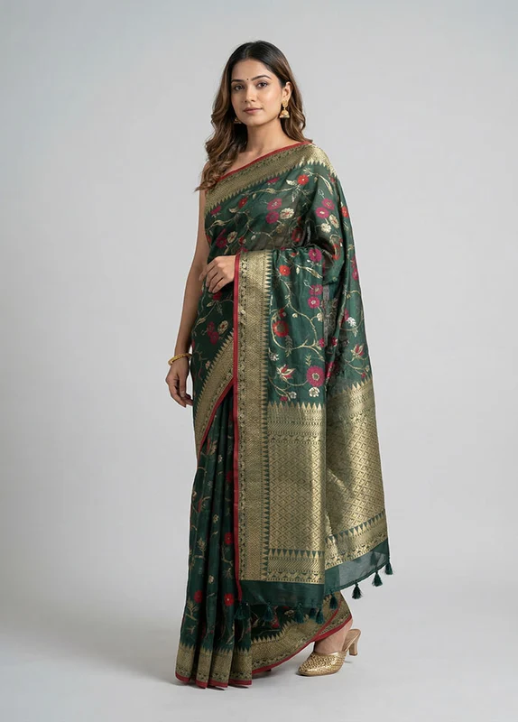 Green Tissue Silk Saree With Blouse Piece One Size