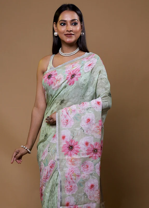 Green Tussar Silk Saree With Blouse Piece Onesize