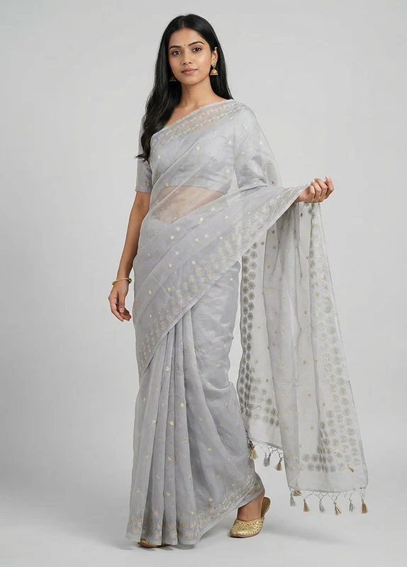 Grey Organza Saree With Blouse Piece One Size