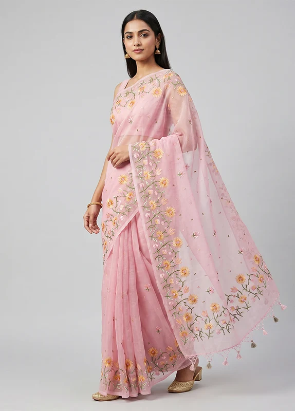 Pink Organza Saree With Blouse Piece One Size
