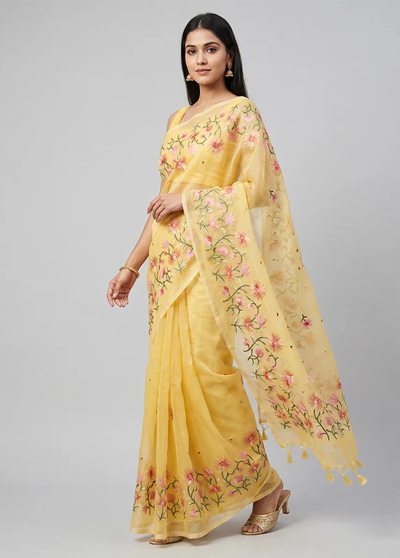 Yellow Organza Saree With Blouse Piece One Size