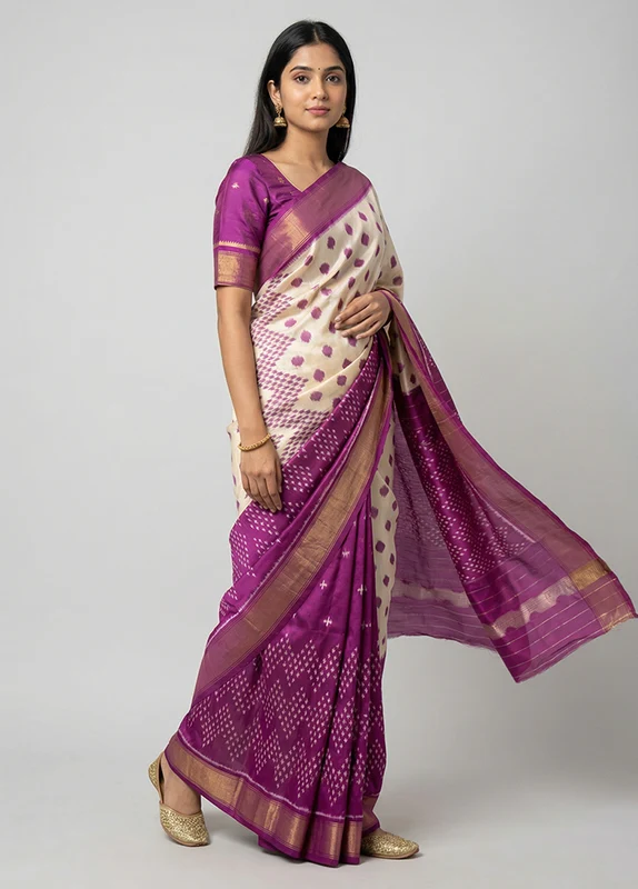 White Handloom Ikkat Pure Silk Saree With Blouse Piece One Size