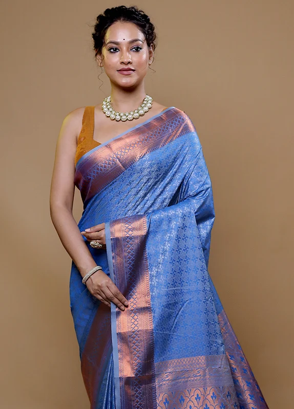 Blue Kanjivaram Silk Saree With Blouse Piece Onesize
