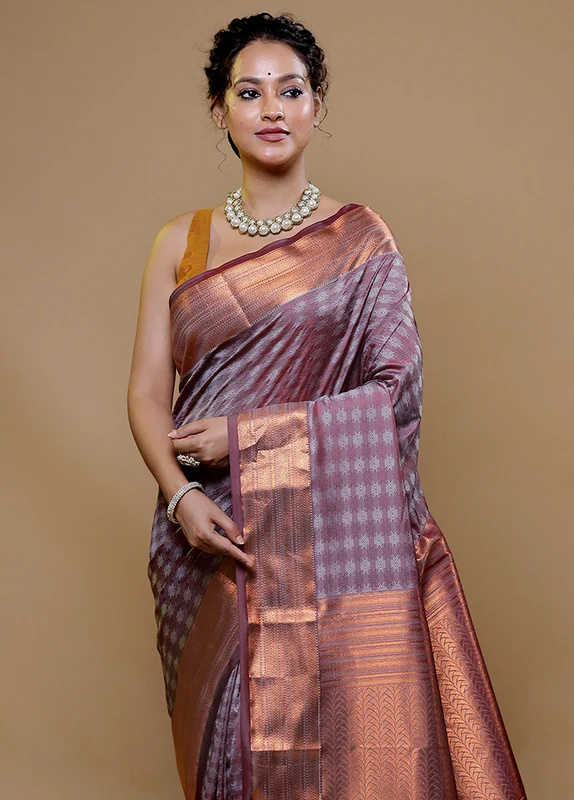 Purple Kanjivaram Silk Saree With Blouse Piece Onesize
