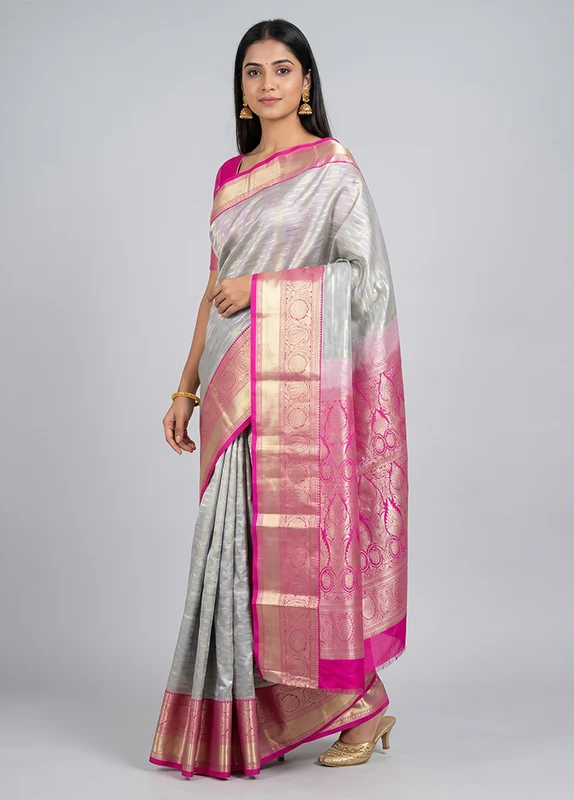 Grey Kanjivaram Silk Saree With Blouse Piece One Size