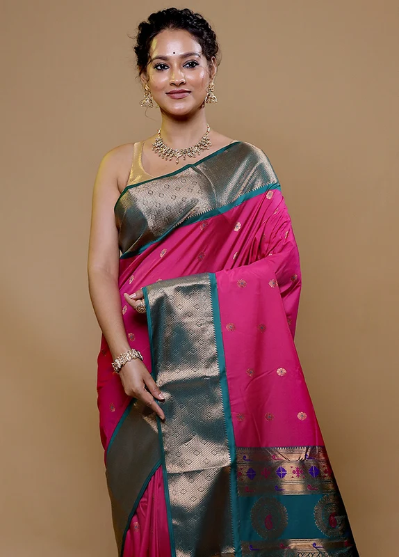 Pink Kanjivaram Silk Saree With Blouse Piece Onesize