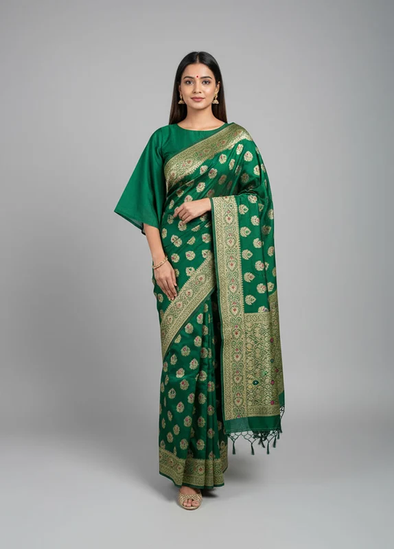 Green Dupion Silk Saree With Blouse Piece One Size