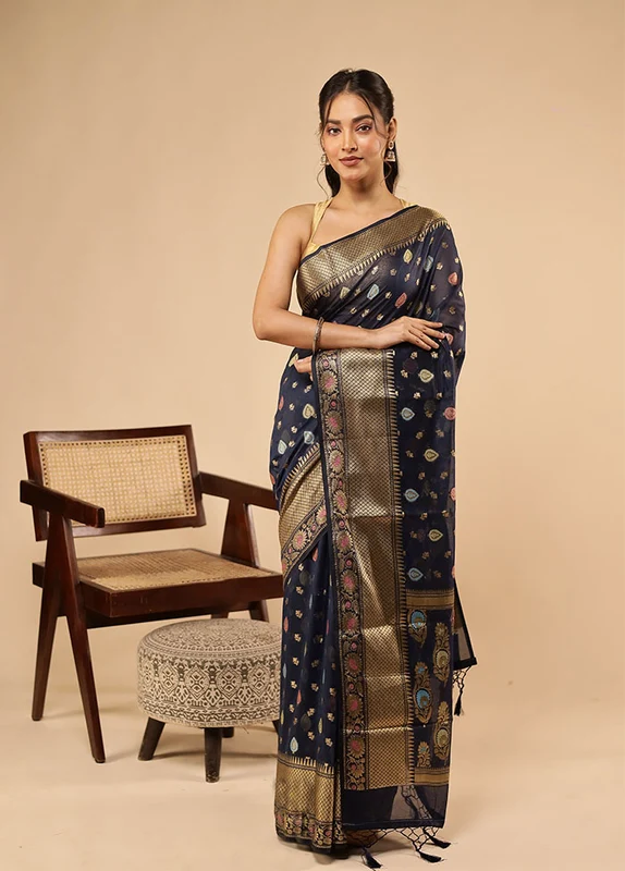 Blue Dupion Silk Saree With Blouse Piece One Size