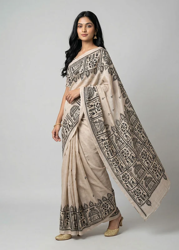Cream Handloom Kantha Stitch Pure Silk Saree With Blouse Piece One Size