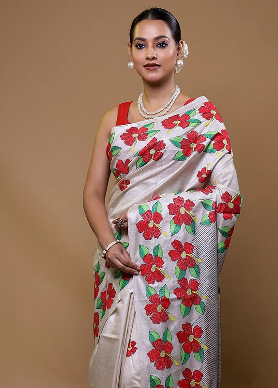Cream Handloom Kantha Stitch Pure Silk Saree With Blouse Piece Onesize