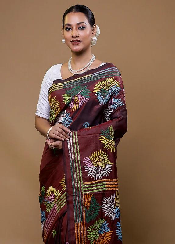 Maroon Kantha Stitch Silk Saree With Blouse Piece Onesize