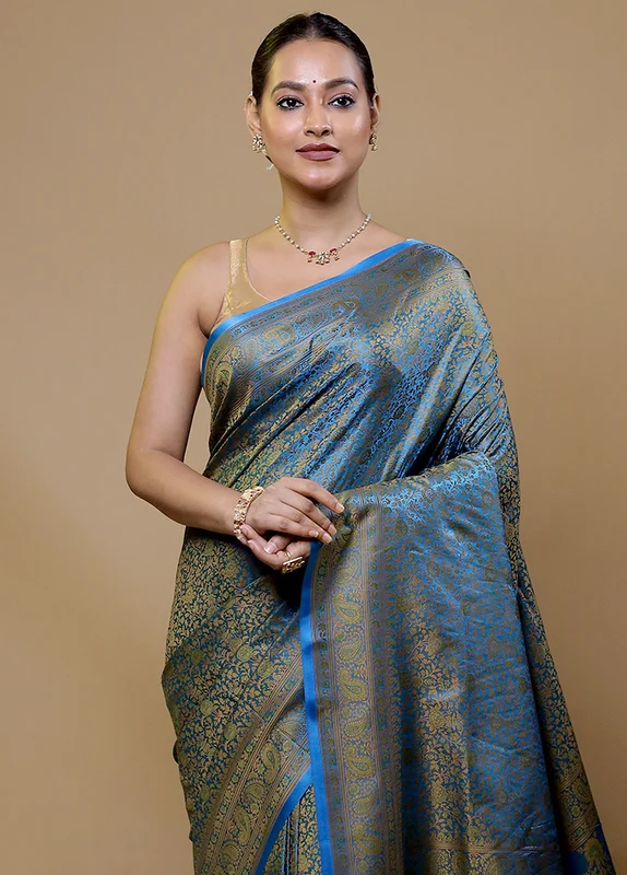 Blue Jamewar Silk Saree With Blouse Piece Onesize
