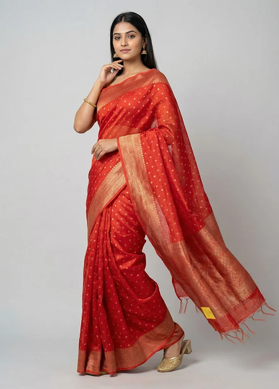 Red Tussar Silk Saree With Blouse Piece One Size