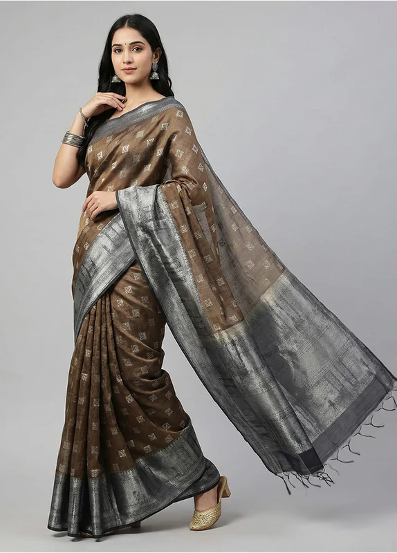 Green Tussar Silk Saree With Blouse Piece One Size