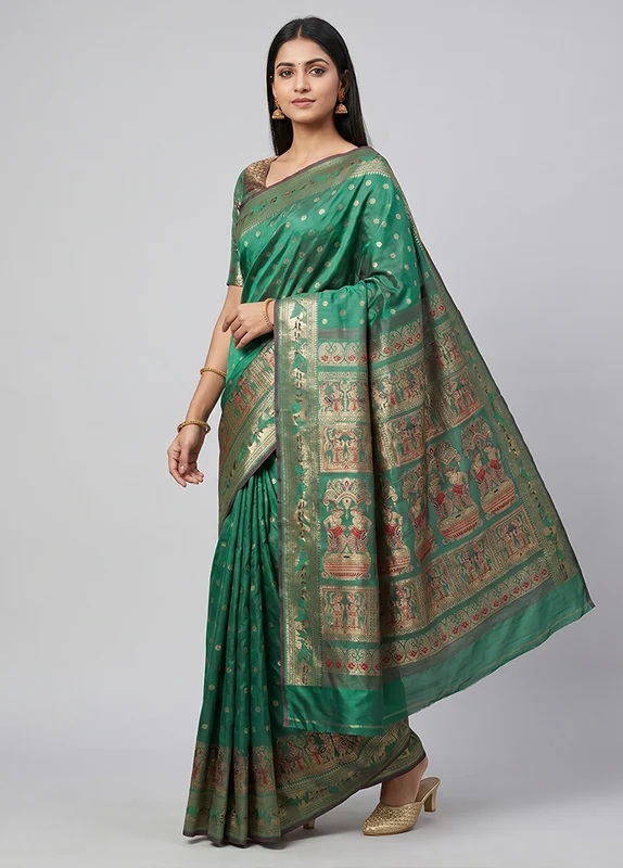 Green Handloom Baluchari Pure Silk Saree With Blouse Piece One Size