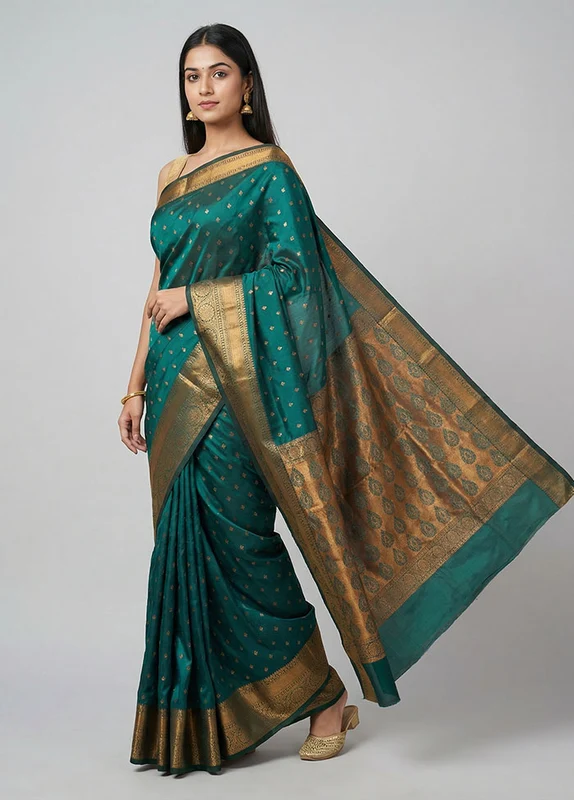 Green Kanjivaram Silk Saree With Blouse Piece One Size