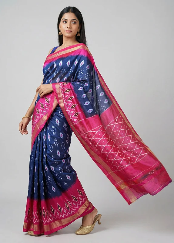 Blue Handloom Ikkat Pure Silk Saree With Blouse Piece One Size