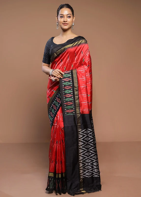 Red Handloom Ikkat Pure Silk Saree With Blouse Piece Onesize