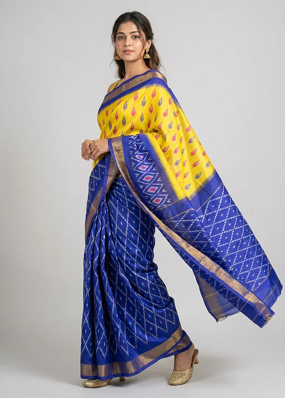 Yellow Handloom Ikkat Pure Silk Saree With Blouse Piece One Size