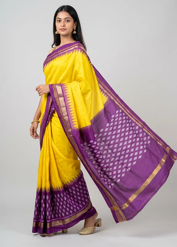 Yellow Handloom Ikkat Pure Silk Saree With Blouse Piece One Size