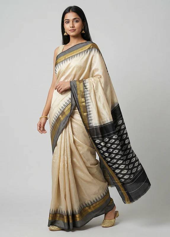 White Handloom Ikkat Pure Silk Saree With Blouse Piece One Size