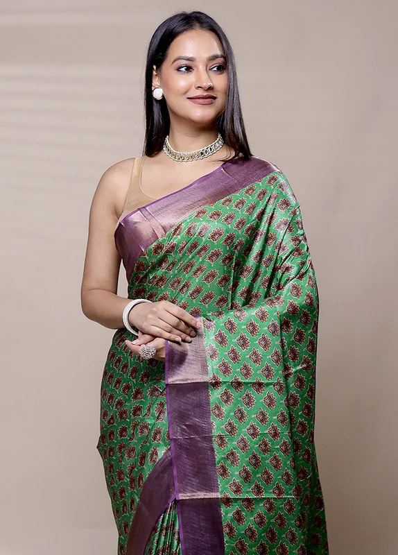 Green Dupion Silk Saree With Blouse Piece Onesize