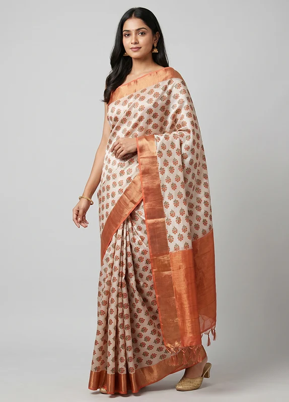 Cream Dupion Silk Saree With Blouse Piece One Size