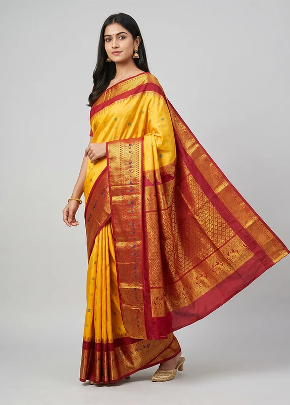 Yellow Gadwal Silk Saree Without Blouse Piece One Size