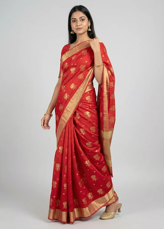 Red Chanderi Silk Saree With Blouse Piece One Size