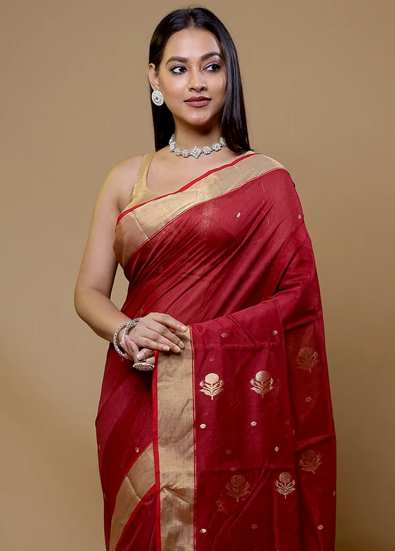 Red Chanderi Cotton Saree With Blouse Piece Onesize