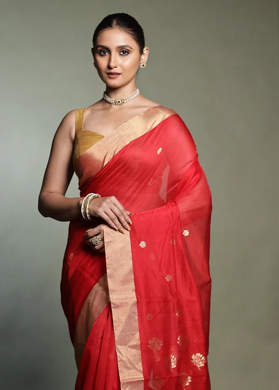 Red Chanderi Cotton Saree With Blouse Piece Onesize