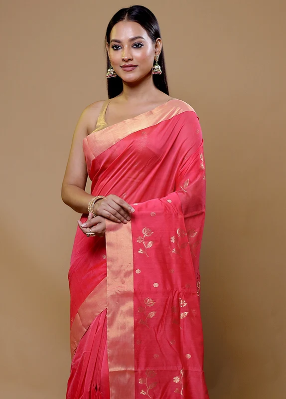 Pink Chanderi Cotton Saree With Blouse Piece Onesize