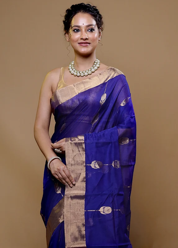 Blue Handloom Chanderi Pure Cotton Saree With Blouse Piece Onesize