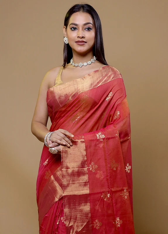 Red Chanderi Cotton Saree With Blouse Piece Onesize